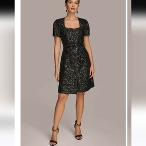 Donna Karan Square Neck Sequin A Line Dress
